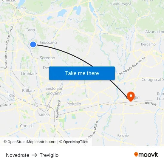 Novedrate to Treviglio map