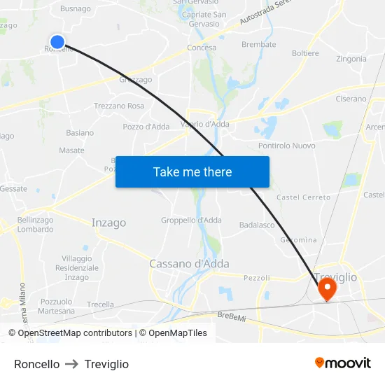 Roncello to Treviglio map