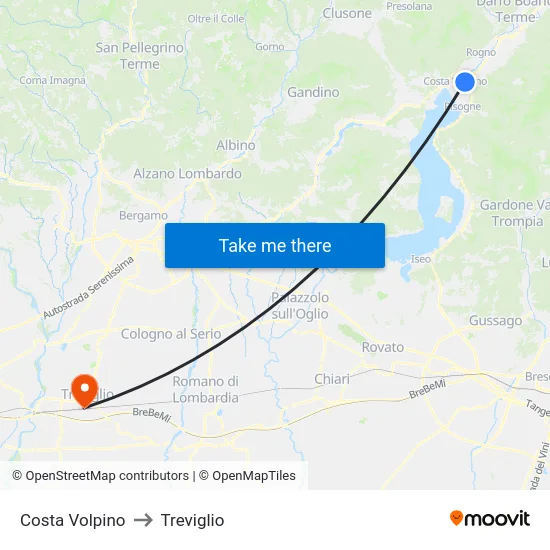 Costa Volpino to Treviglio map