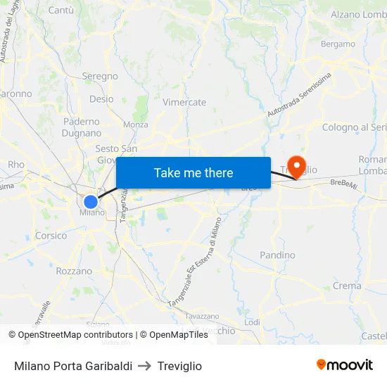 Milano Porta Garibaldi to Treviglio map