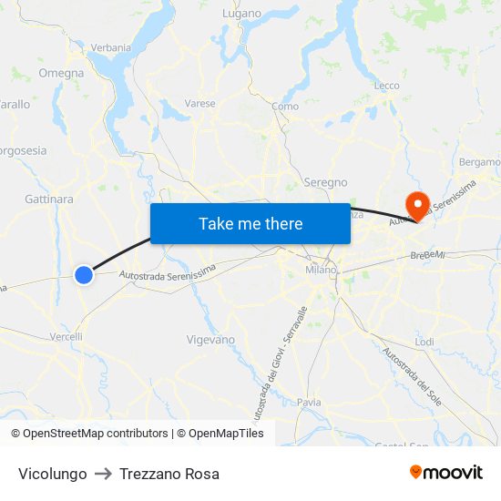 Vicolungo to Trezzano Rosa map