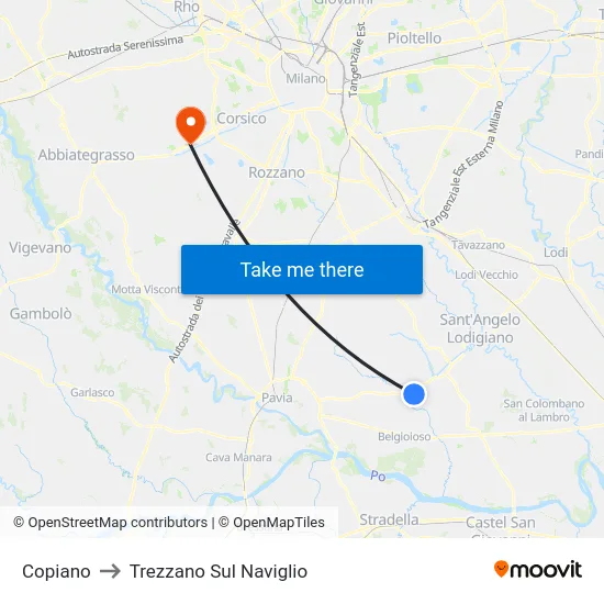 Copiano to Trezzano Sul Naviglio map