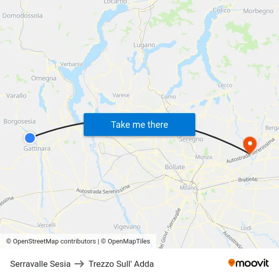 Serravalle Sesia to Trezzo Sull' Adda map
