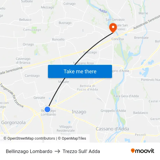 Bellinzago Lombardo to Trezzo Sull' Adda map