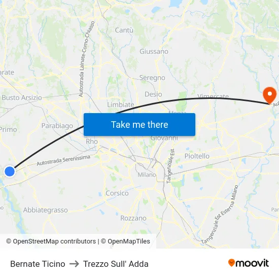 Bernate Ticino to Trezzo Sull' Adda map