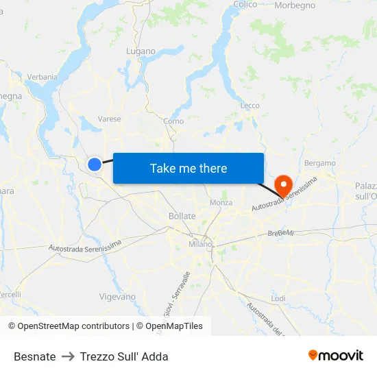 Besnate to Trezzo Sull' Adda map