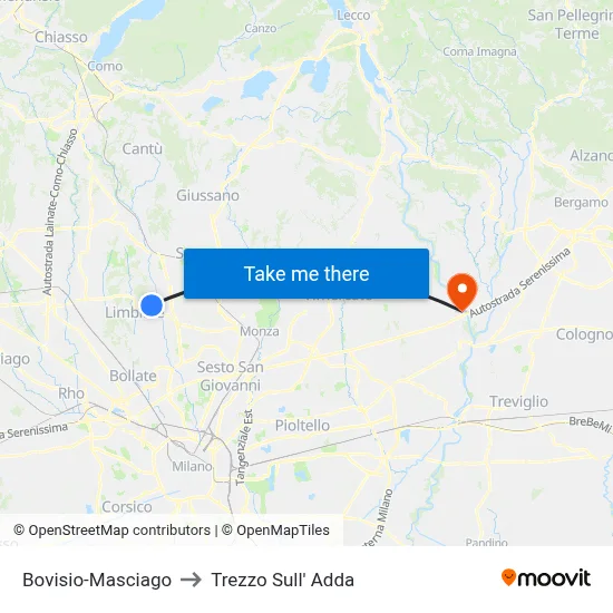 Bovisio-Masciago to Trezzo Sull' Adda map