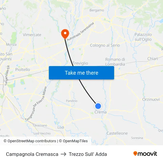 Campagnola Cremasca to Trezzo Sull' Adda map