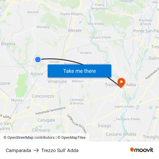 Camparada to Trezzo Sull' Adda map