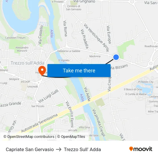 Capriate San Gervasio to Trezzo Sull' Adda map