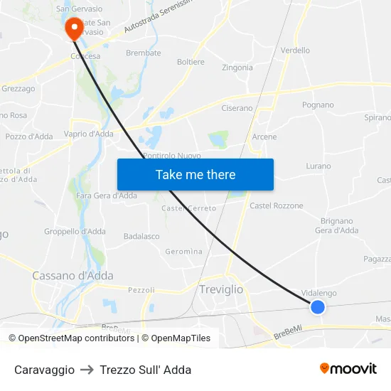 Caravaggio to Trezzo Sull' Adda map