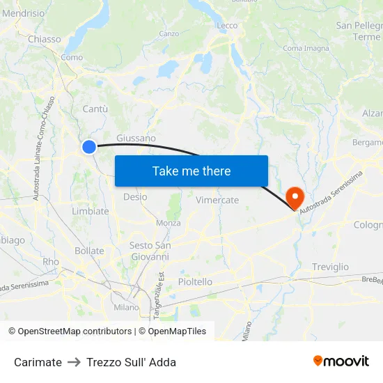 Carimate to Trezzo Sull' Adda map