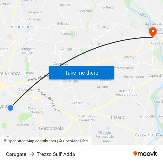 Carugate to Trezzo Sull' Adda map