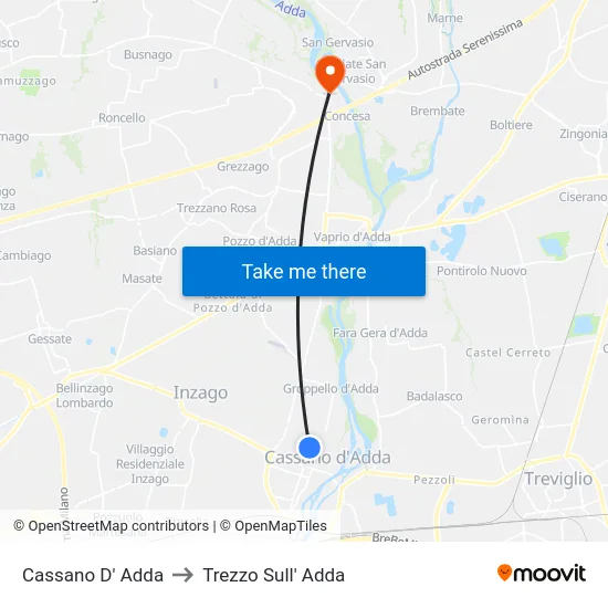 Cassano D' Adda to Trezzo Sull' Adda map