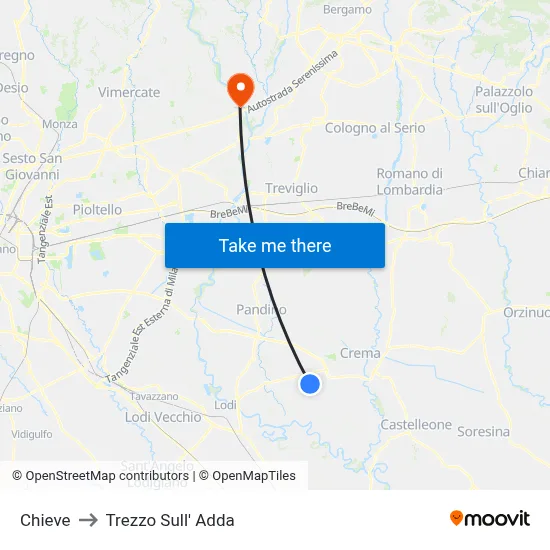 Chieve to Trezzo Sull' Adda map