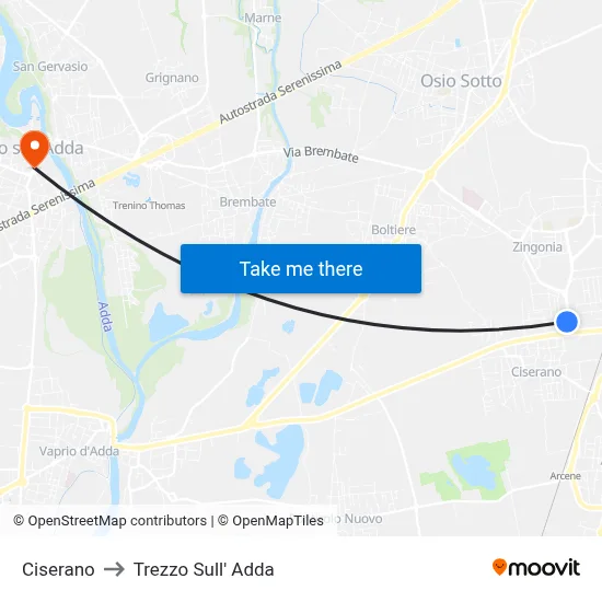 Ciserano to Trezzo Sull' Adda map