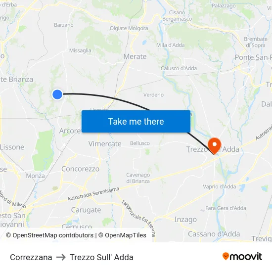 Correzzana to Trezzo Sull' Adda map