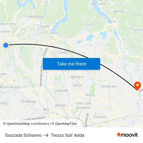 Gazzada Schianno to Trezzo Sull' Adda map