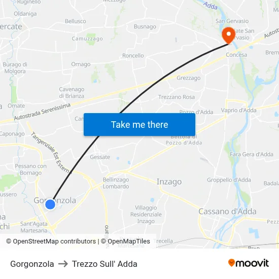 Gorgonzola to Trezzo Sull' Adda map
