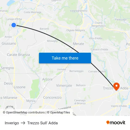 Inverigo to Trezzo Sull' Adda map