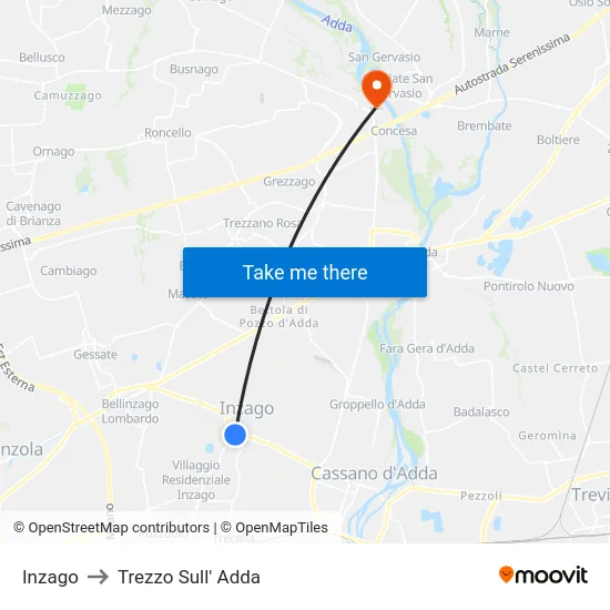 Inzago to Trezzo Sull' Adda map