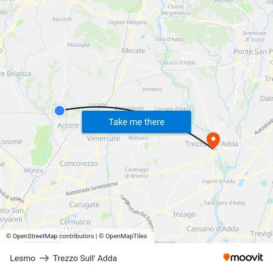 Lesmo to Trezzo Sull' Adda map