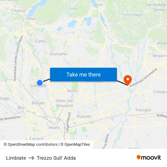 Limbiate to Trezzo Sull' Adda map