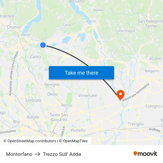Montorfano to Trezzo Sull' Adda map