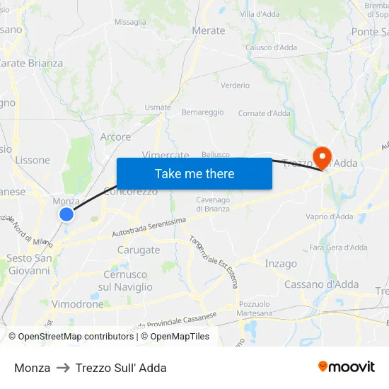 Monza to Trezzo Sull' Adda map