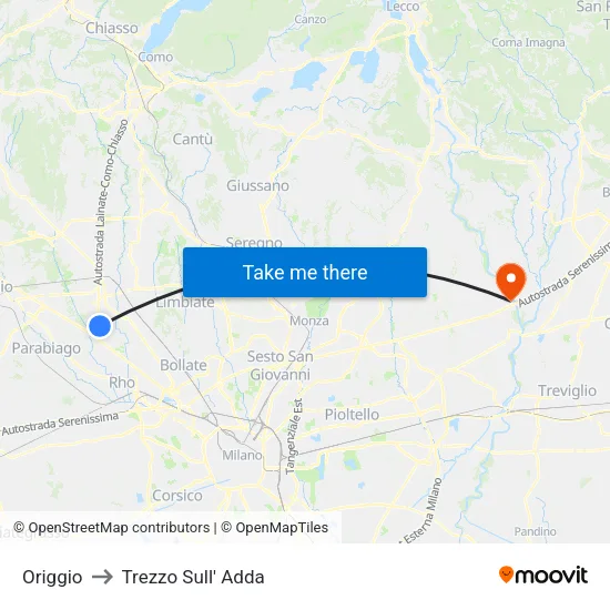 Origgio to Trezzo Sull' Adda map