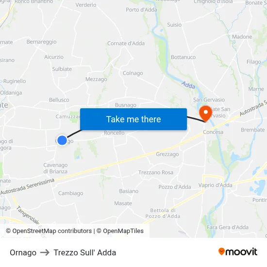 Ornago to Trezzo Sull' Adda map
