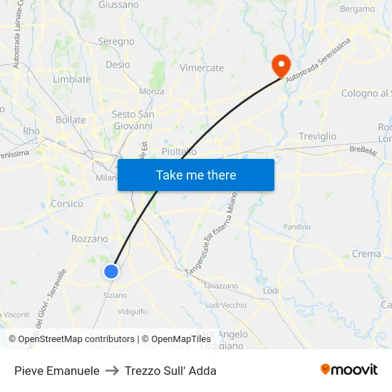 Pieve Emanuele to Trezzo Sull' Adda map