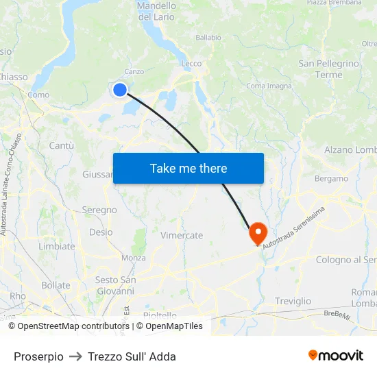 Proserpio to Trezzo Sull' Adda map