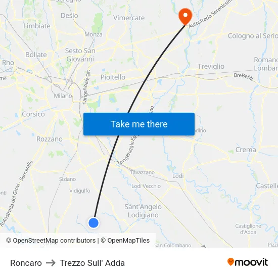 Roncaro to Trezzo Sull' Adda map