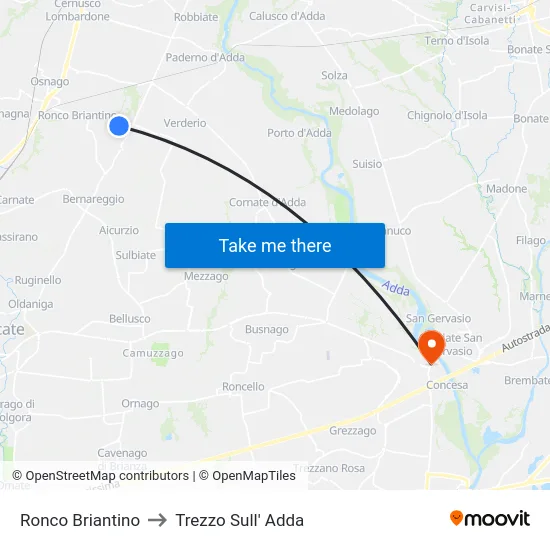 Ronco Briantino to Trezzo Sull' Adda map