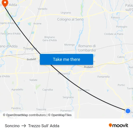 Soncino to Trezzo Sull' Adda map
