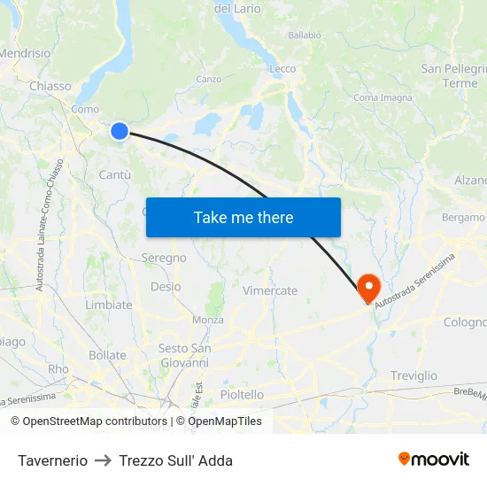 Tavernerio to Trezzo Sull' Adda map