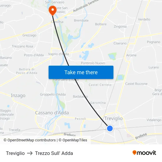 Treviglio to Trezzo Sull' Adda map
