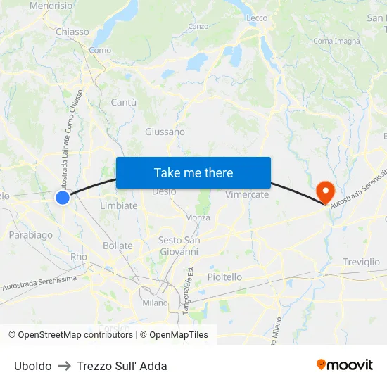 Uboldo to Trezzo Sull' Adda map