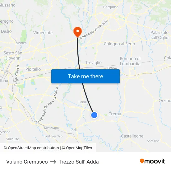 Vaiano Cremasco to Trezzo Sull' Adda map