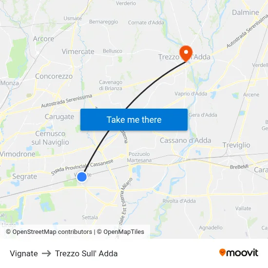 Vignate to Trezzo Sull' Adda map