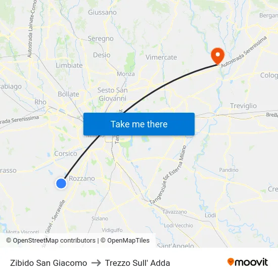 Zibido San Giacomo to Trezzo Sull' Adda map