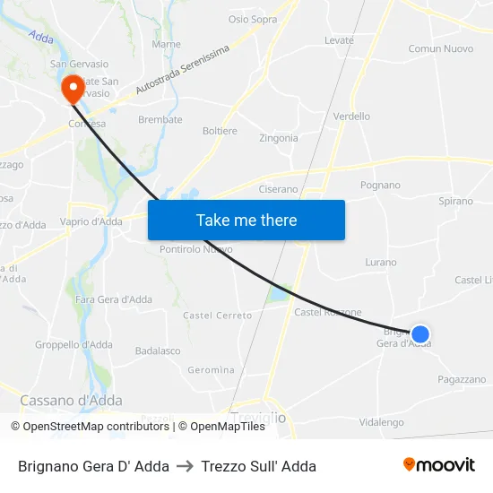 Brignano Gera D' Adda to Trezzo Sull' Adda map
