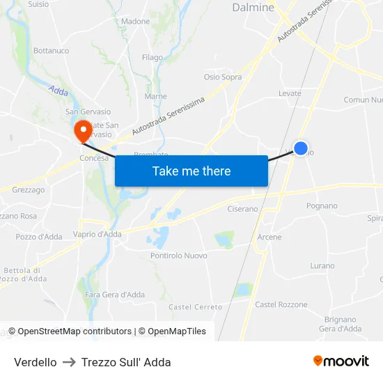 Verdello to Trezzo Sull' Adda map
