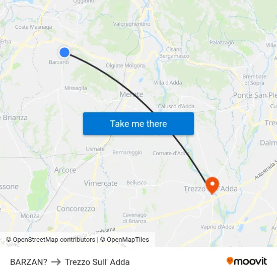 Barzan to Trezzo Sull' Adda map