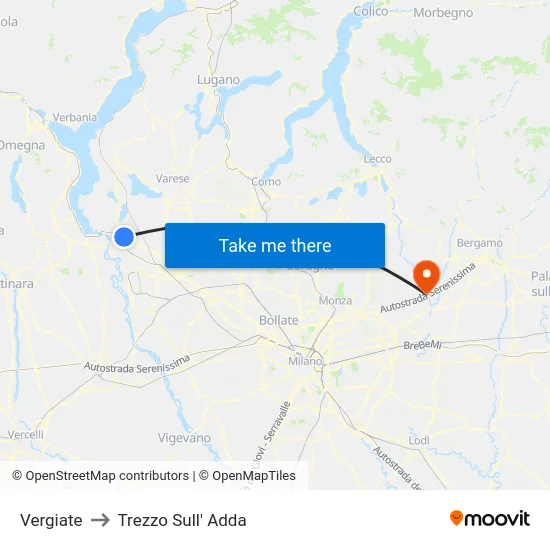 Vergiate to Trezzo Sull' Adda map