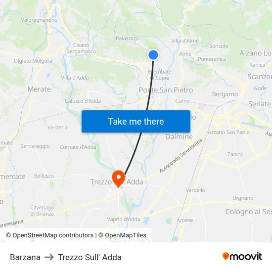 Barzana to Trezzo Sull' Adda map