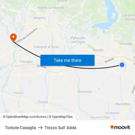 Torbole Casaglia to Trezzo Sull' Adda map