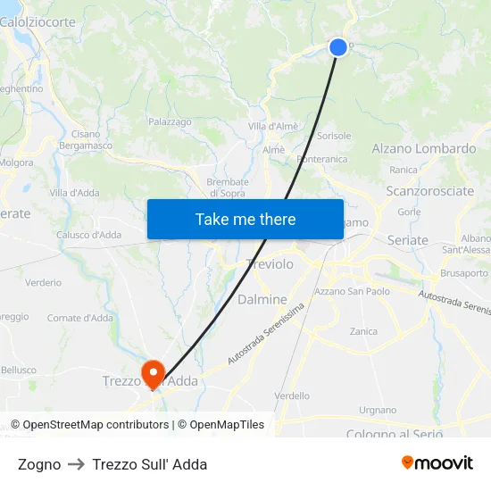 Zogno to Trezzo Sull' Adda map