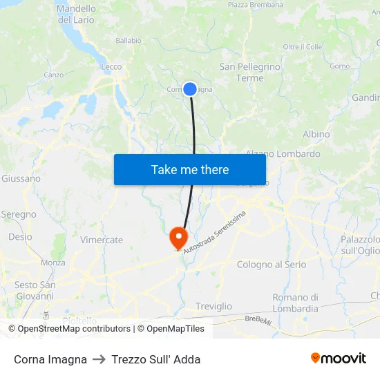 Corna Imagna to Trezzo Sull' Adda map